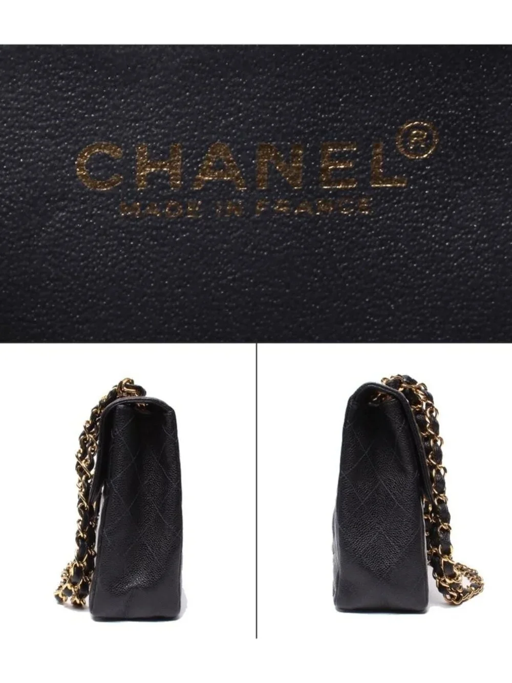 Chanel Chain Shoulder Bag Quilted Caviar Leather Gold Double